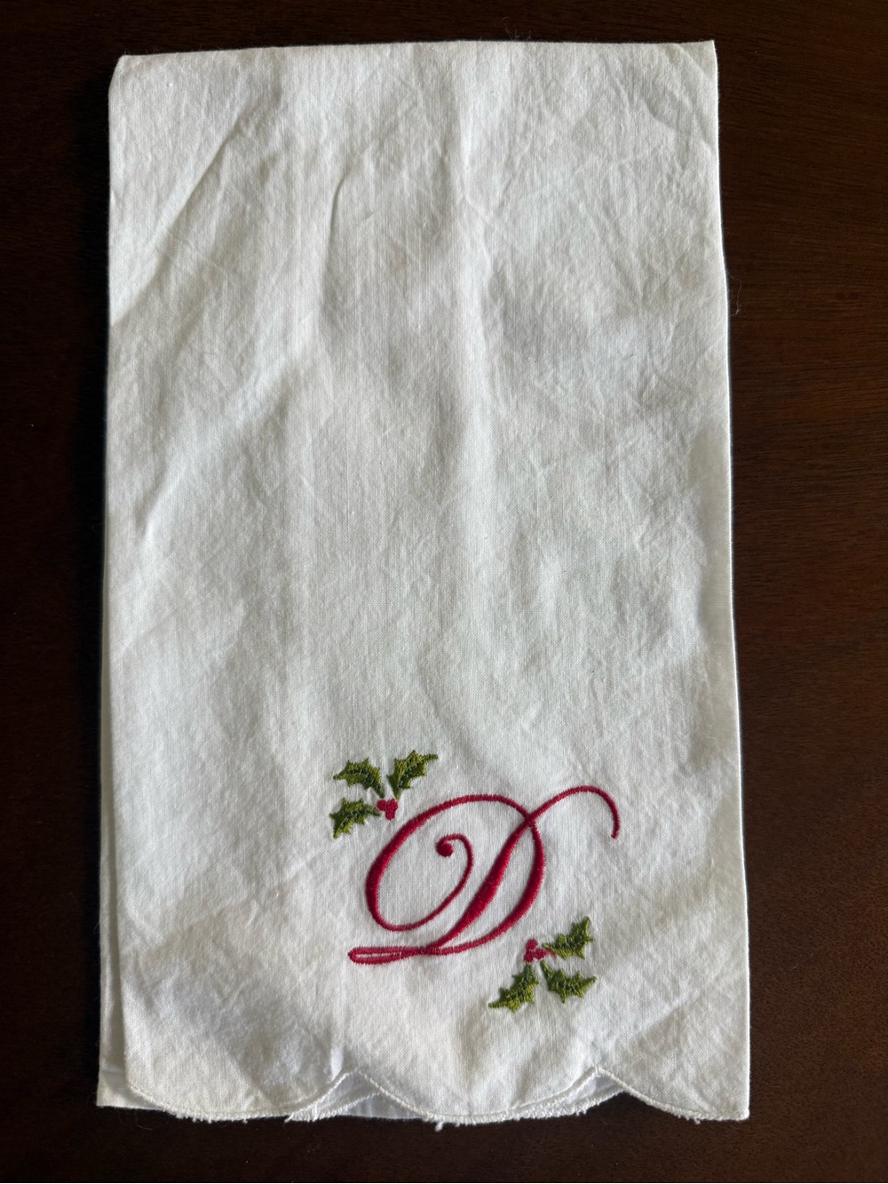 Embroidered Monogram 'D' White Linen Guest Towel with Holly